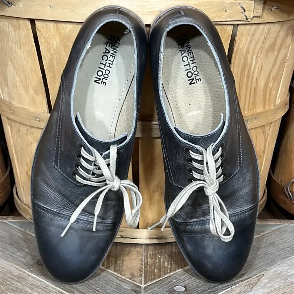 Kenneth Cole Reaction Tongue Tied Cap Toe Gray Leather Derby Oxfords Mens Size 9